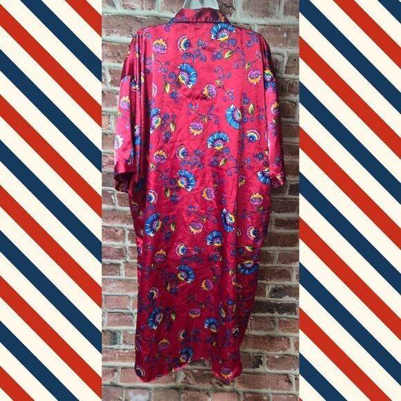 Vintage 90s EJCโIntimates Nightgown Pink Red Floral Satin OS Button Up V Neck - Picture 2 of 7
